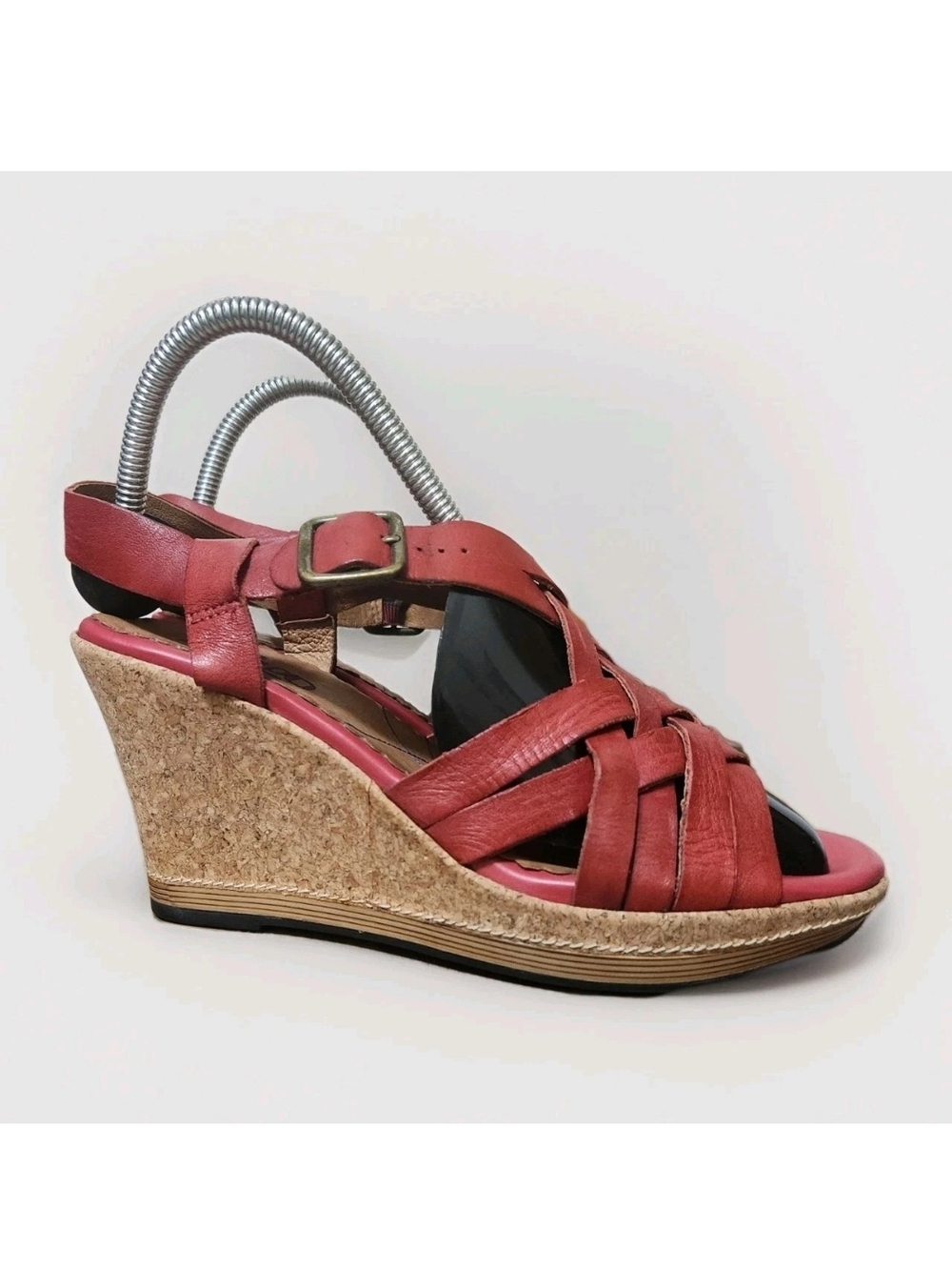 Indigo by Clarks Womens Red Leather Woven Cork Wedge Sandals Size 8.5M Boho 70s